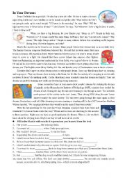 English Worksheet: a piece of reading on the topic of dreams. Exercises on vocabulary, language use