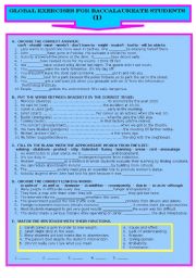English Worksheet: GLOBAL EXERCISES FOR BACCALAUREATE STUDENTS (1)