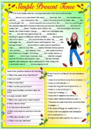 English Worksheet: SIMPLE PRESENT TENSE - PARAGRAPH LEVEL (WITH B/W AND ANSWER KEY)