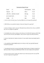 English Worksheet: Concession stand math (life skills money -- practice making change)