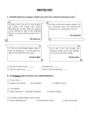 English Worksheet: Test_newspaper articles_Simple Present and Simple Past