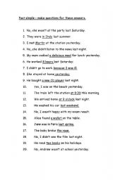 English Worksheet: Past simple - Make questions for these answers.