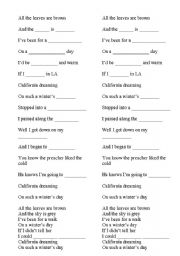 English Worksheet: Califorina Dreaming - Words with gaps