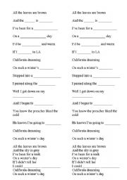 English worksheet: Califorina Dreaming - Words with gaps