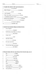 English Worksheet: Test (to be, possessive adjectives, question words, nationalities...