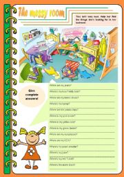 English Worksheet: The messy room  there be, prepositions, to be [4 tasks] KEYS INCLUDED ((3 pages)) ***editable