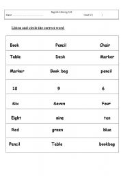 English worksheet: listening about colors , numbers and classroom objects 