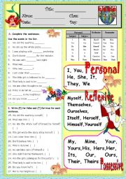 English Worksheet: PRONOUNS ^Personal, Reflexive, Possessive^ (*B&W included*) 2pages