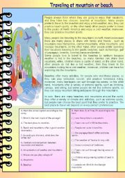 English Worksheet: reading comprehension-traveling at beaches or mountains