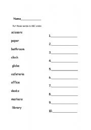 English Worksheet: classroom vocabulary ABC order