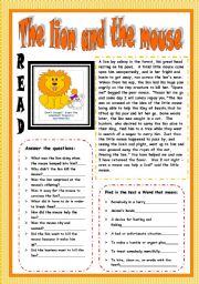 English Worksheet: The Lion and the mouse.(3 PAGES)Reading.Answer the questions+ Meaning of words+label the adjectives+wordsearch+writing a letter+key