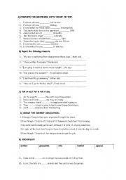 English Worksheet: mixed exercises about reported speech, since& for, future perfect tense and vocabulary questions 