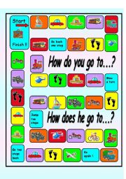 English Worksheet:  asking and answering questions  about Transportation board game