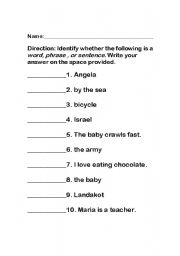 English worksheet: Identifying words, phrase, and sentence