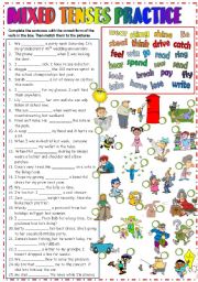 English Worksheet: MIXED TENSES PRACTICE (B&W + KEY)