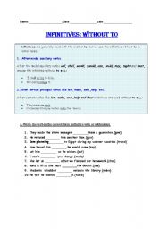 English worksheet: infinitivewithout to