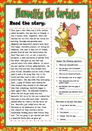 Manuelita the tortoise. Reading( 3 PAGES)+ Answer the questions+ Find words in the text+True or false+regular and irregular verbs+write a postcard