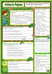 English Worksheet: Actions in Progress  Present Continuous practice with a brief introduction [7 easy tasks for beginners] KEYS INCLUDED ((2 pages)) ***editable