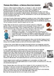 English Worksheet: Thomas Alva Edison - a famous American inventor; Reading Comrehension