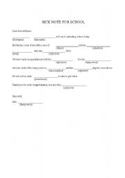 English Worksheet: Sick note - mad lib