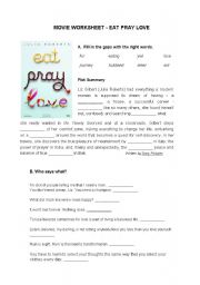 English Worksheet: Movie Worksheet Eat Pray Love
