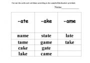 English worksheet: Phonics. Sounds  -ate	 -ake	   -ame .Great word study activity