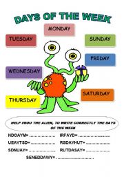 English Worksheet: FROU, THE ALIEN AND THE DAYS OF THE WEEK