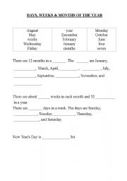 English worksheet: Days, Weeks & Months of the Year