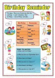 English Worksheet: Birthday Reminder