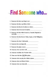 English Worksheet: Find Someone Who activity