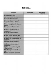 English worksheet: Tell me about yourself...questionnaire