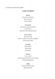 English worksheet: Menu and dialogue in a restaurant