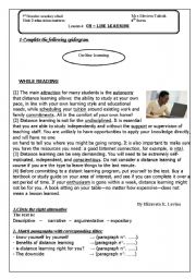 English Worksheet: READING ABOUT ON LINE LEARNING