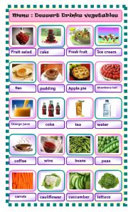 English Worksheet: menu part 1 drinks dessert vegetables