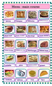 English Worksheet: menu part 2 : main course