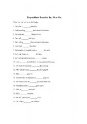 English worksheet: Prepositions Exercise: In, At, or On