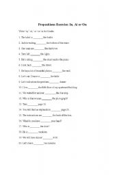 English Worksheet: Prepositions Exercise: In, At, or On