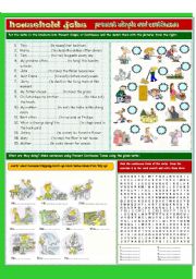 English Worksheet: Household jobs. Present simple and continuous