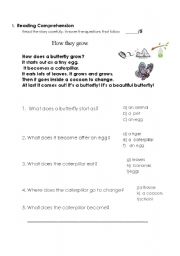 English worksheet: how butterflies grow reading comprehension