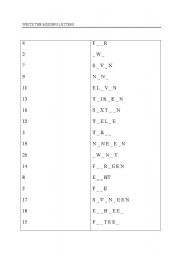 English Worksheet: Write the missing letters - numbers 1 to 20