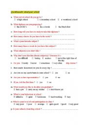 English worksheet: questionnaire about your school 