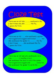 English worksheet: THERE WAS AN OLD LADY  cloze test   5 PAGES