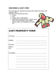 Describe lost property - easy writing task to fill in a form