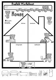 English Worksheet: House Rooms + Furniture