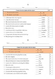 English worksheet: connect the description with the object - Test A, B, C