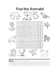 English Worksheet: Animals WordSearch