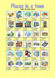 English Worksheet: Places in a town (editable+key)