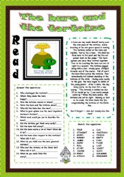 The hare and the tortoise.Reading (2PAGES) ANSWER THE QUESTIONS+MATCH THE OPPOSITES+LABEL THE PICTURES AND DESCRIBE+CIRCLE THE CORRECT OPTION+KEY