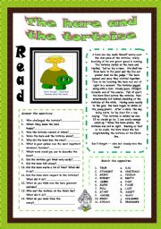 English Worksheet: The hare and the tortoise.Reading (2PAGES) ANSWER THE QUESTIONS+MATCH THE OPPOSITES+LABEL THE PICTURES AND DESCRIBE+CIRCLE THE CORRECT OPTION+KEY