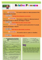 English Worksheet: Relative Pronouns( who,which,where,whose),Exercise + Key 